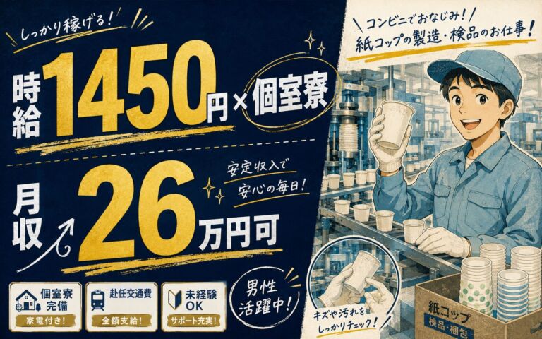 個室寮×時給1450円×3交替！コンビニ用紙コップの製造・検品／月収26万円可・栃木真岡・男性活躍