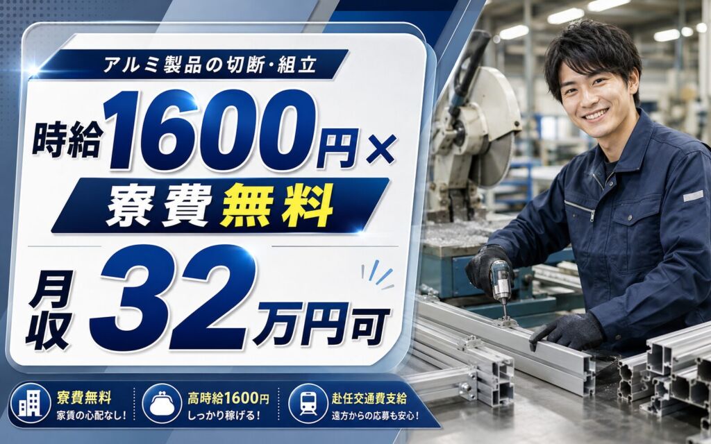 個室寮無料×時給1600円×2交替！アルミ製品の切断・組立／月収32万円可・栃木小山・男性活躍