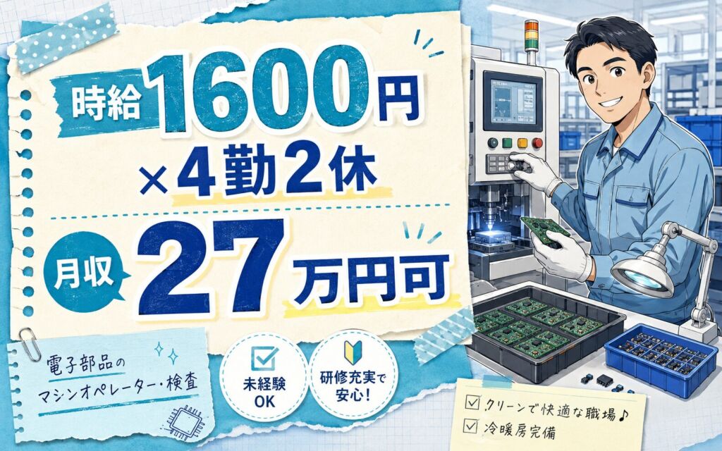 個室寮(寮費補助6割)×時給1600円×2交替4勤2休！電子部品マシンOP・検査／月収27万円可・群馬玉村