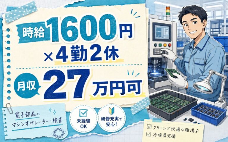 個室寮(寮費補助6割)×時給1600円×2交替4勤2休！電子部品マシンOP・検査／月収27万円可・群馬玉村