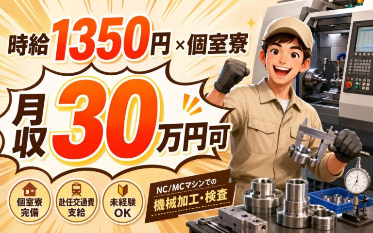 個室寮×時給1350円×2交替！NC/MCでの機械加工オペ・検査／月収30万円可・群馬太田・男女活躍