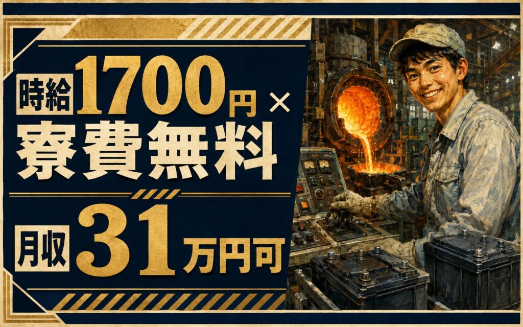 個室寮無料×時給1700円×2交替！自動車用鉛電池の溶解炉オペ／月収31万円可・群馬伊勢崎・男性活躍
