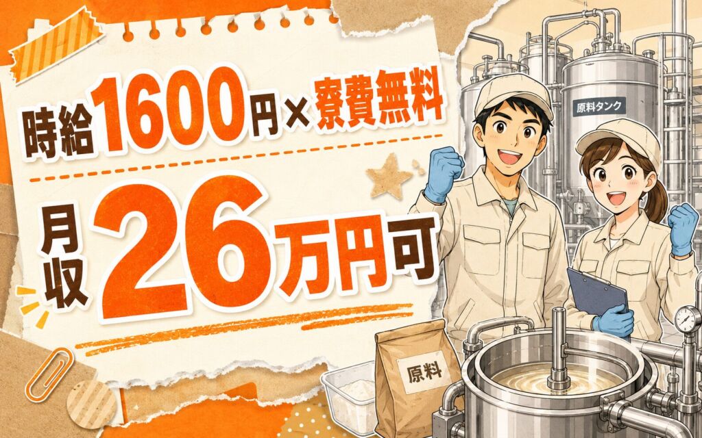 個室寮無料×時給1600円×3交替！清涼飲料の原料受入・調合／月収26万円可・群馬館林・男女活躍