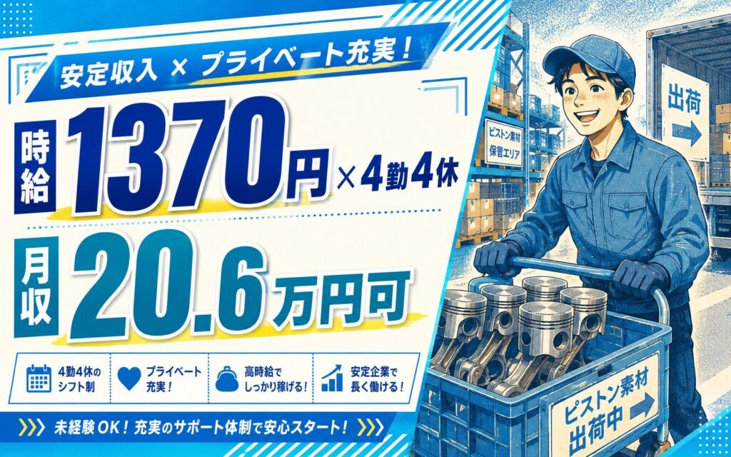個室寮無料×時給1370円×4勤4休！ピストン素材の運搬・出庫・出荷／月収20.6万円可・群馬伊勢崎