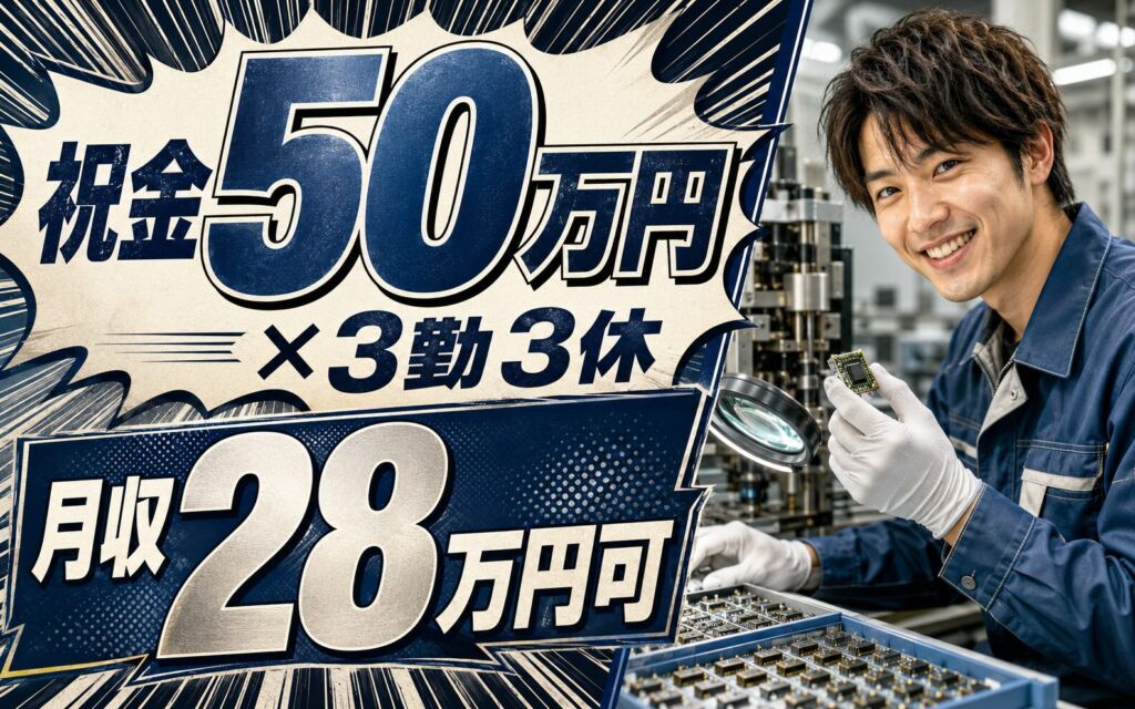 祝金50万円×個室寮無料×3勤3休！電子部品の製造・検査／時給1400円・月収28万円可・新潟妙高