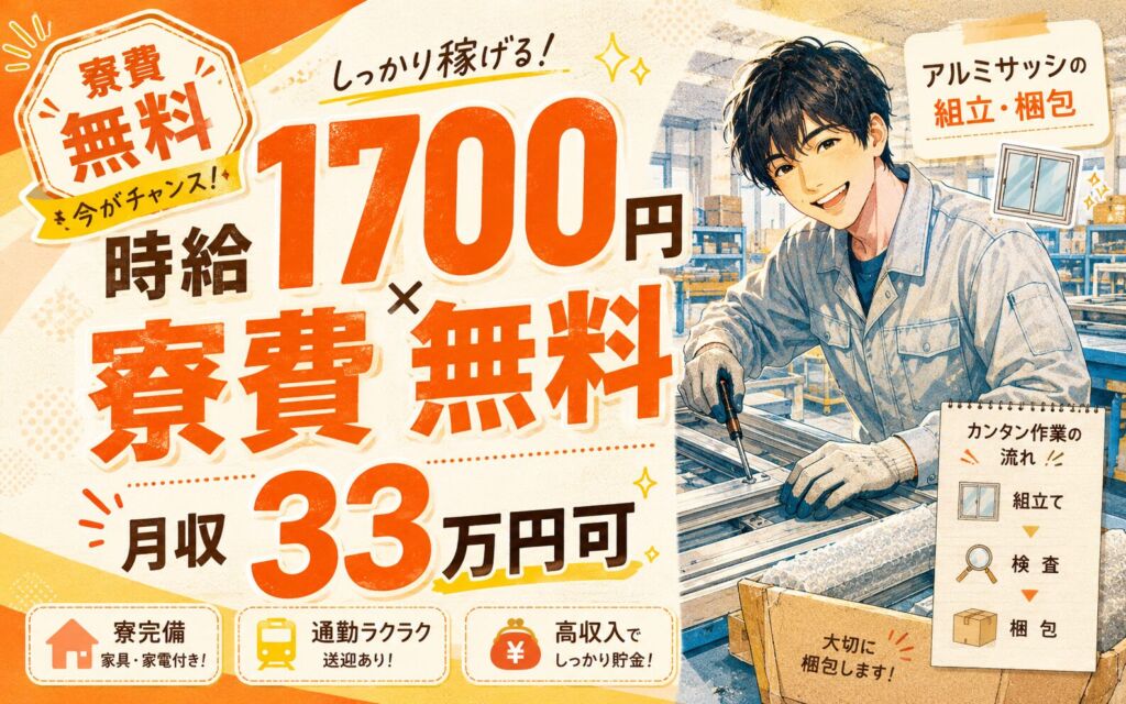 個室寮無料×時給1700円×3交替！アルミサッシの組立・梱包／月収33万円可・新潟柏崎・男性活躍