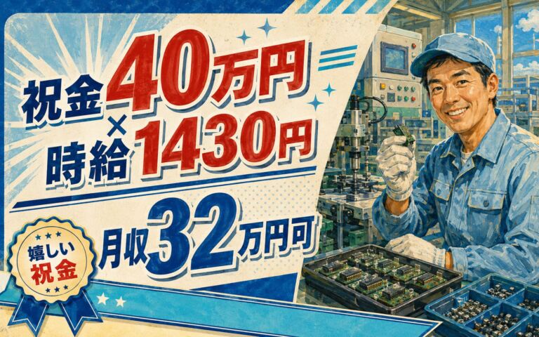 祝金40万円×個室寮無料×時給1430円！電子部品の機械オペ／月収32万円可・新潟上越・男女活躍