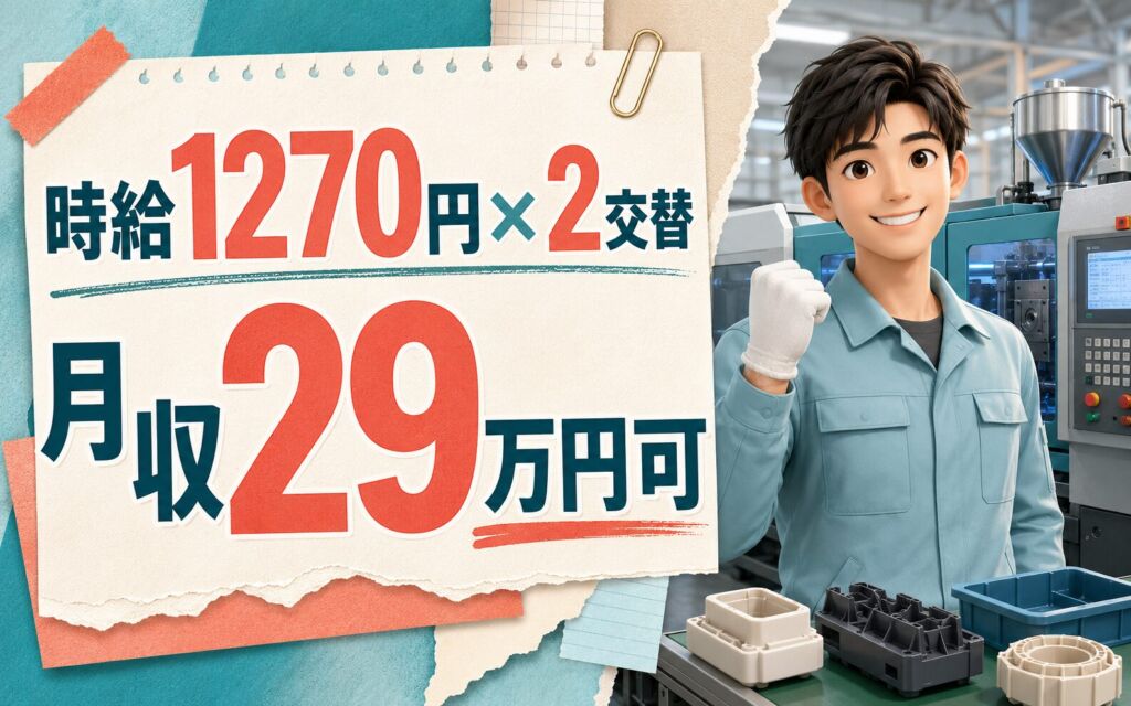 個室寮無料×時給1270円×2交替！プラスチック射出成形の補助オペ／月収29万円可・新潟糸魚川