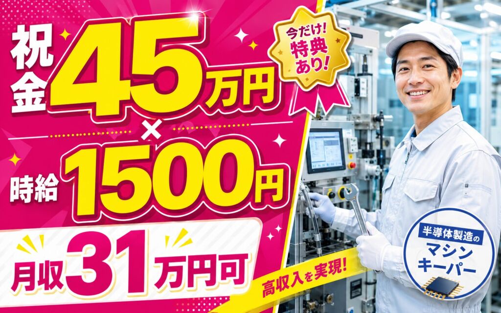 祝金45万円×個室寮無料×時給1500円！半導体製造マシンキーパー／月収31万円可・石川能美