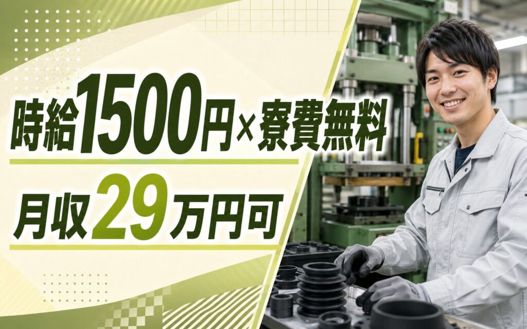 個室寮無料×時給1500円×2交替！ゴム製品の成形・加硫オペ／月収29万円可・富山射水・男性活躍