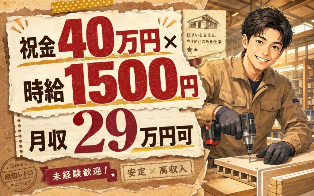 祝金40万円×個室寮無料×時給1500円！住宅用建材の加工・組立／月収29万円可・富山滑川・男性活躍