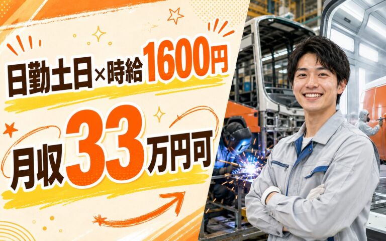 個室寮無料×時給1600円×日勤土日休み！大手バスの組立・溶接・塗装／月収33万円可・富山市・男性活躍