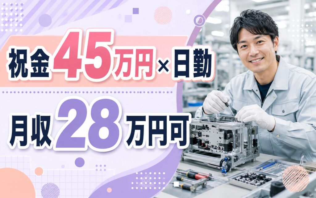 祝金45万円×個室寮無料×時給1600円×日勤！半導体製造装置の組立／月収28万円可・富山砺波・男女活躍
