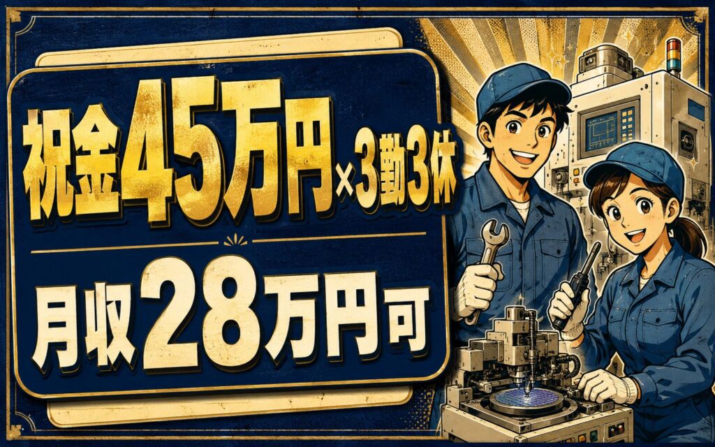 祝金45万円×個室寮×3勤3休！半導体装置の定期メンテナンス／月給21万・月収28万円可・三重四日市