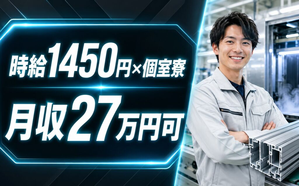 個室寮×時給1450円×3交替！アルミ建材の表面処理／月収27万円可・富山小矢部・男性活躍