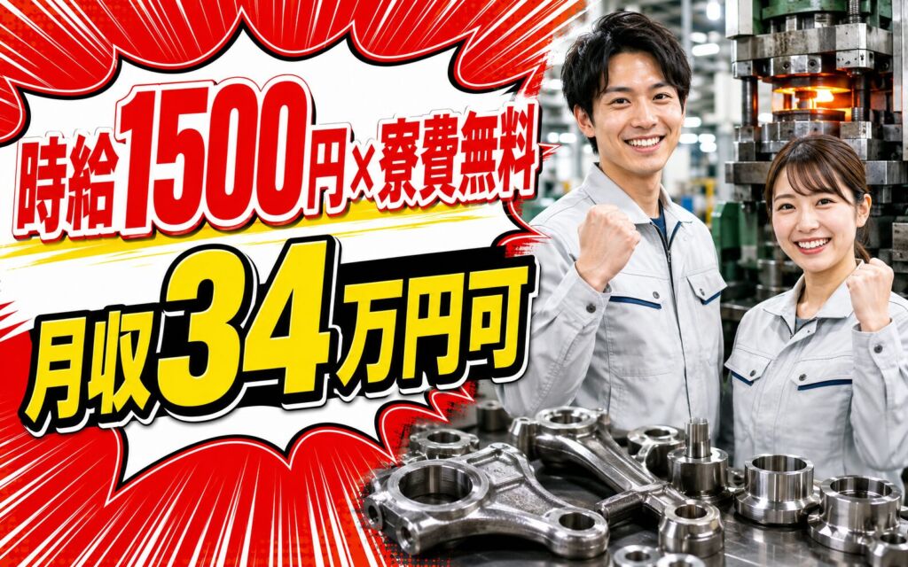 個室寮無料×時給1500円×2交替！自動車用鍛造部品のマシンオペ／月収34万円可・富山入善町・男女活躍