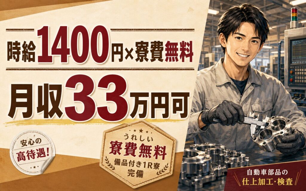 個室寮無料×時給1400円×2交替！自動車部品の仕上加工・検査／月収33万円可・富山入善町・男女活躍
