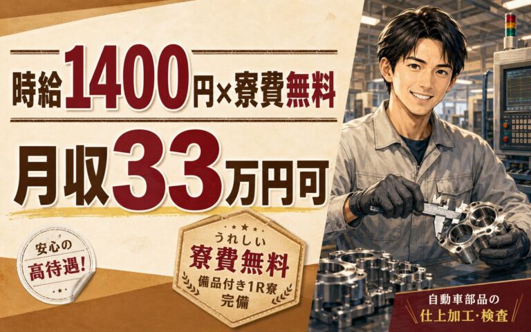 個室寮無料×時給1400円×2交替！自動車部品の仕上加工・検査／月収33万円可・富山入善町・男女活躍