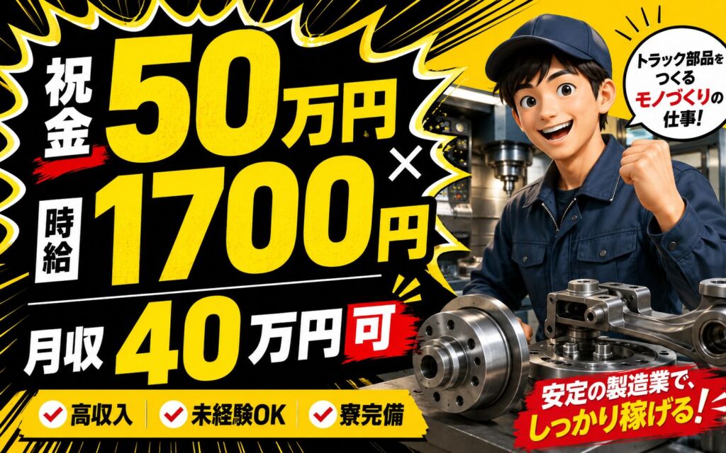 祝金50万円×個室寮無料×時給1700円！トラック向け金属部品の製造／月収40万円可・茨城北茨城