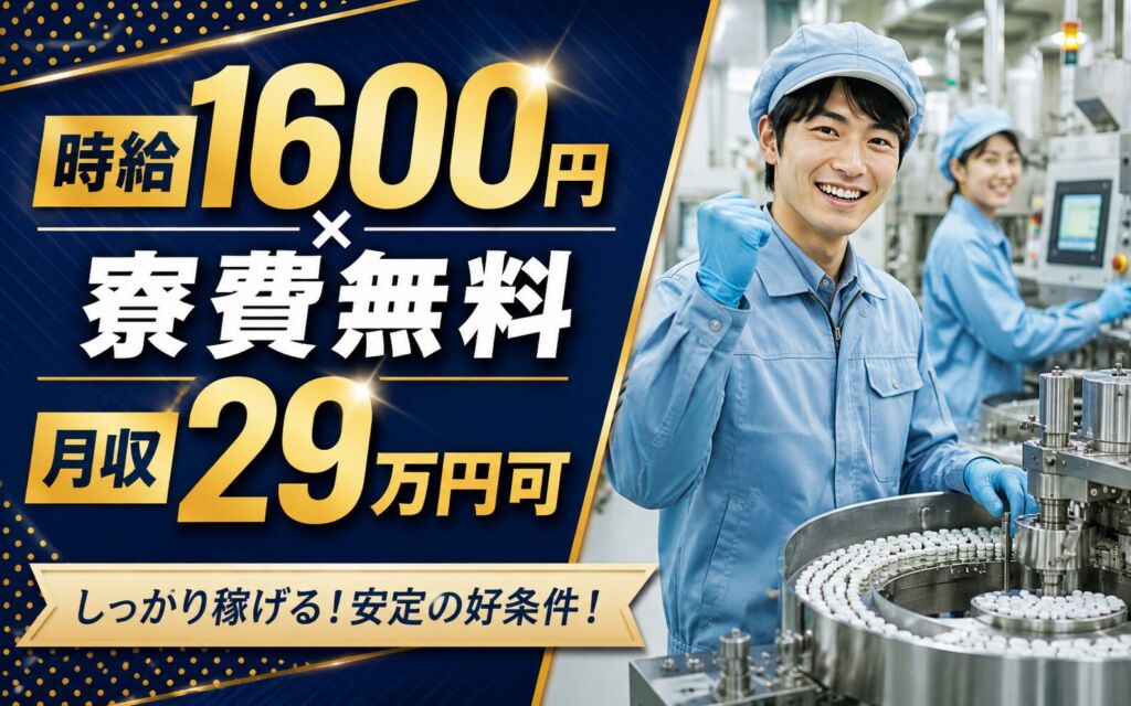 個室寮無料×時給1600円×2交替！医薬品の製造オペレーター／月収29万円可・福井あわら・男女活躍