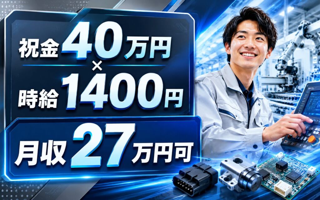 祝金40万円×個室寮無料×時給1400円！車載用部品のマシンオペ／月収27万円可・福井敦賀・男女活躍