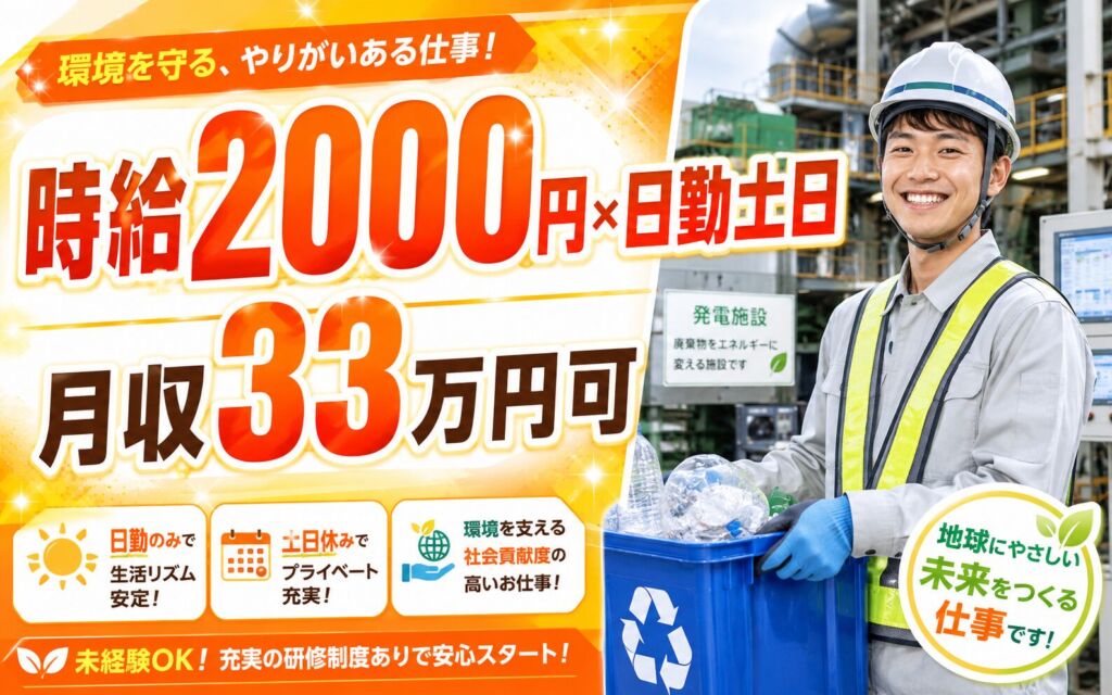 時給2000円×日勤土日祝休み！環境保全課（廃棄物処理）／月収33万円可・茨城東海村・男性活躍