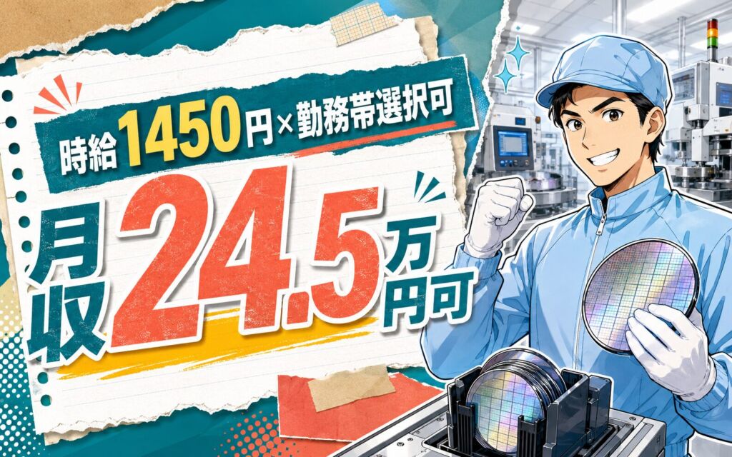 個室寮×時給1450円×勤務帯選択可！半導体ウエハの製造／月収21.75〜24.5万円可・茨城那珂・男女活躍