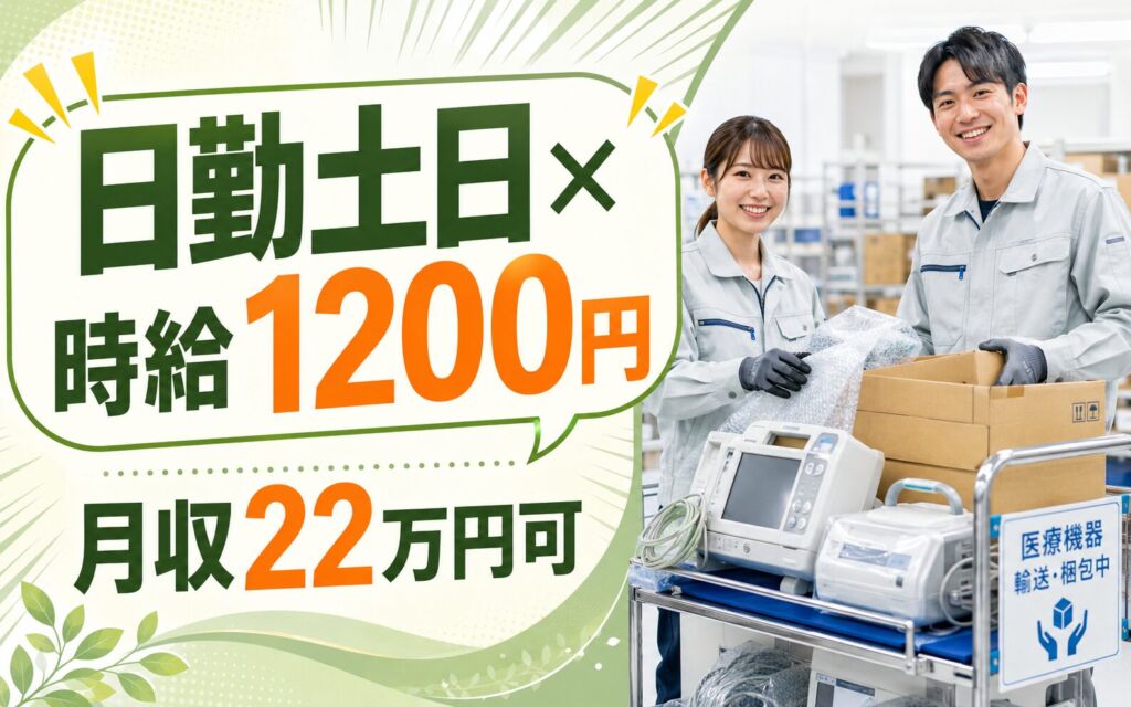 時給1200円×日勤土日祝休み！医療品機器の運搬・梱包作業／月収22万円可・茨城ひたちなか・男女活躍