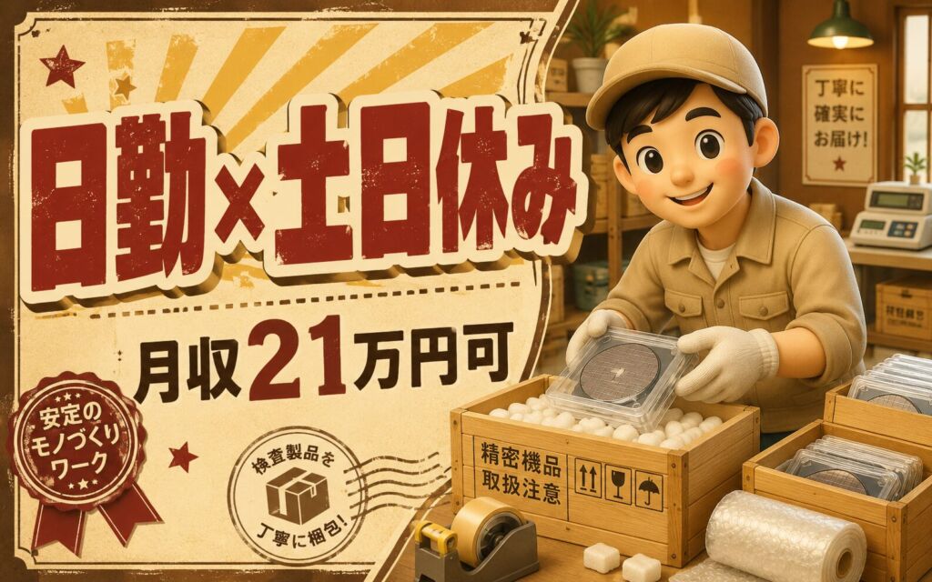 時給1200円×日勤土日休み！半導体検査製品の木箱梱包作業／月収21万円可・茨城ひたちなか・男性活躍