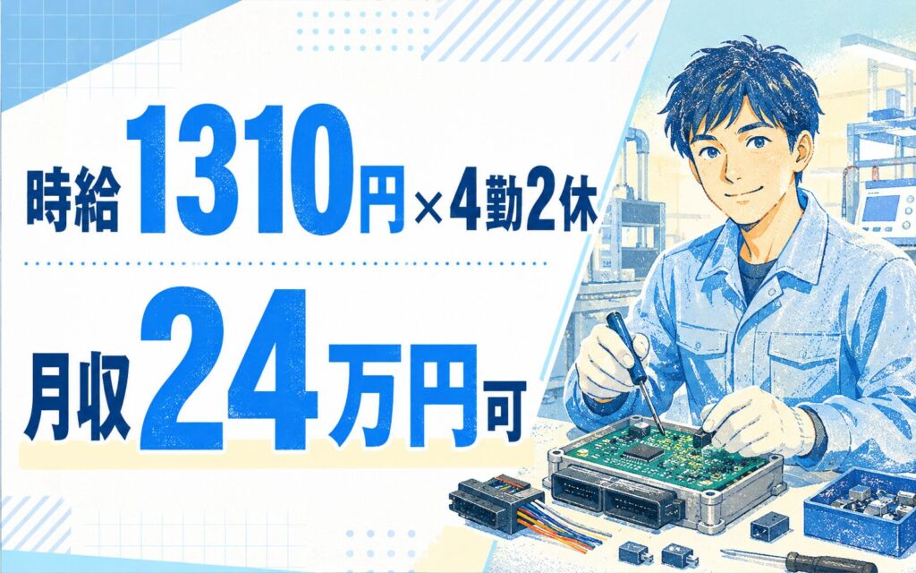 個室寮無料×時給1310円×2交替4勤2休！自動車用電子部品の組立／月収24万円可・茨城ひたちなか
