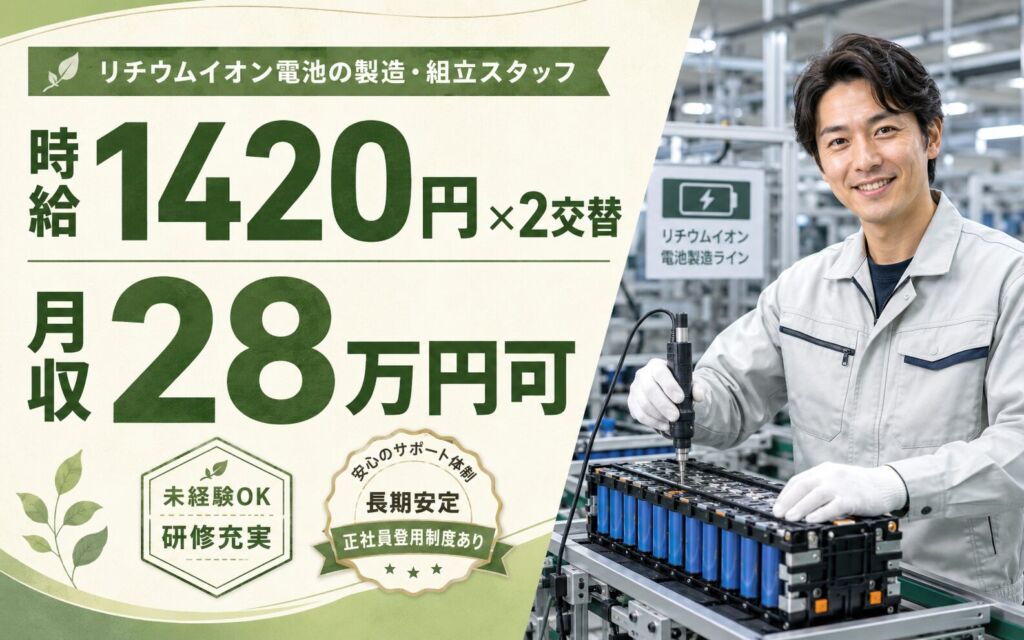 個室寮無料×時給1420円×2交替！リチウムイオン電池の製造・組立／月収28万円可・茨城笠間・男女活躍