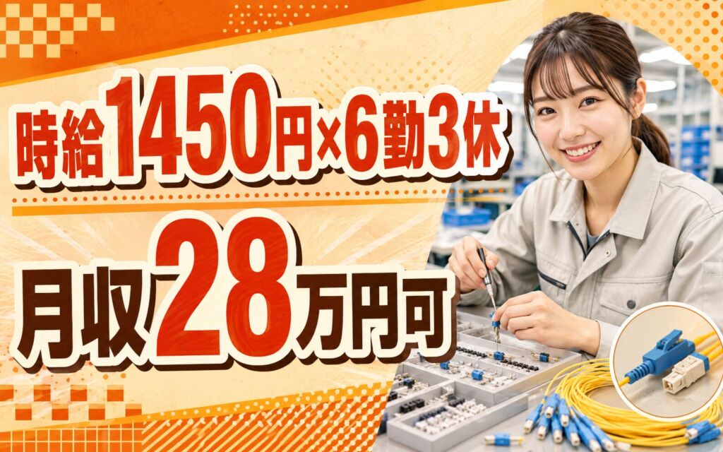 時給1450円×2交替6勤3休！光ファイバー用コネクターの製造・組立／月収28万円可・茨城小美玉