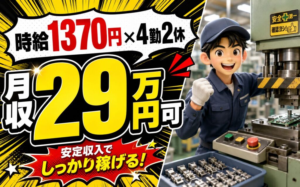 時給1370円×2交替4勤2休！電子部品のプレス機械オペレーター／月収29万円可・茨城常陸大宮・男女活躍