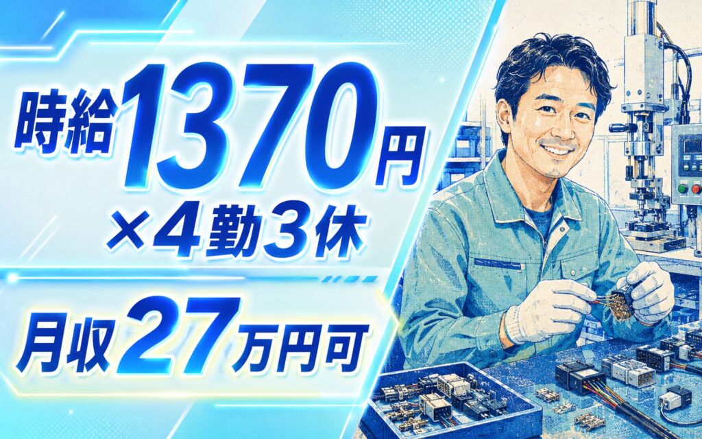 時給1370円×2交替4勤3休！コネクターの組立・機械オペレーター／月収27万円可・茨城常陸大宮