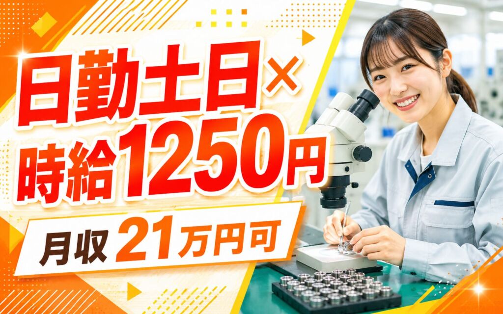 経験者歓迎×時給1250円×日勤土日祝！製品の外観検査（顕微鏡）／月収21万円可・茨城常陸大宮・男女活躍