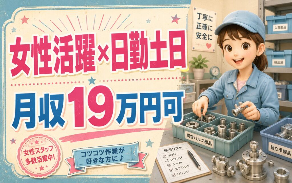 時給1250円×日勤土日祝休み！真空バルブ部品の管理・組立準備／月収19万円可・茨城ひたちなか・女性活躍