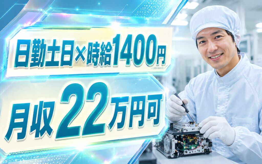 時給1400円×日勤土日祝休み！クリーンルーム内での組立・修理／月収22万円可・茨城ひたちなか・男女活躍