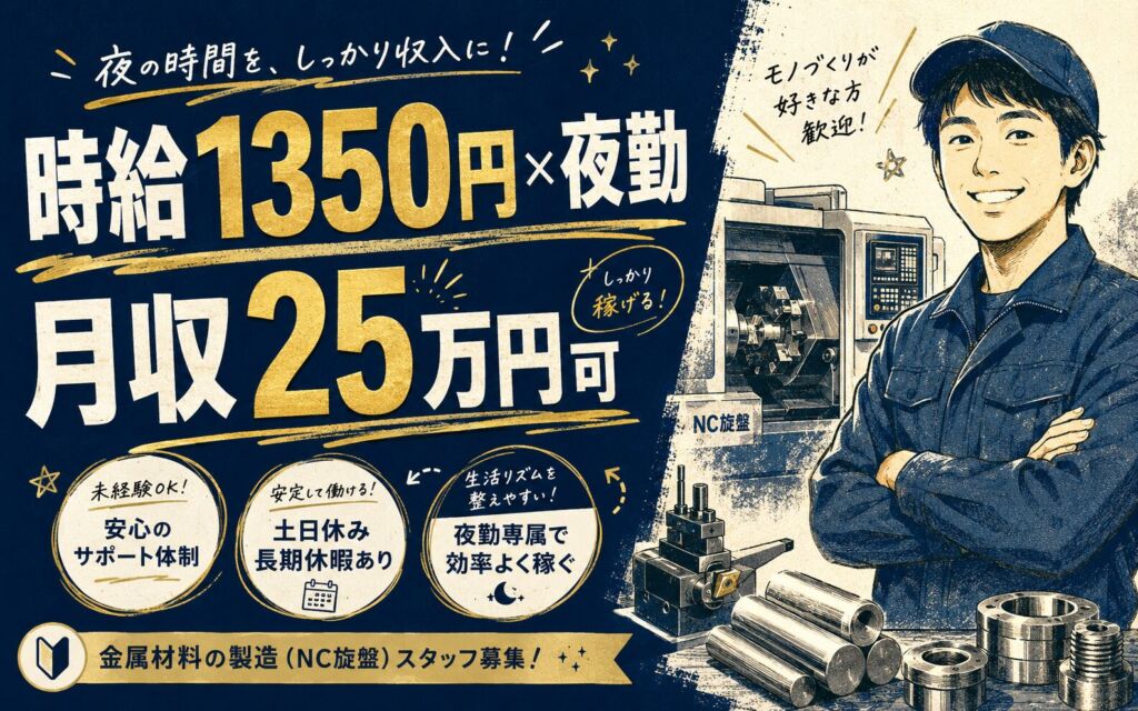 時給1350円×夜勤4勤3休！金属材料の製造（NC旋盤）／月収25万円可・茨城ひたちなか・男性活躍