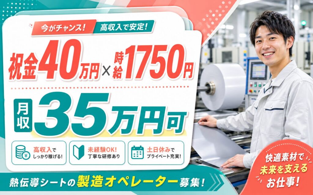 祝金40万円×個室寮×時給1750円！熱伝導シートの製造オペ／月収35万円可・茨城北部・男性活躍