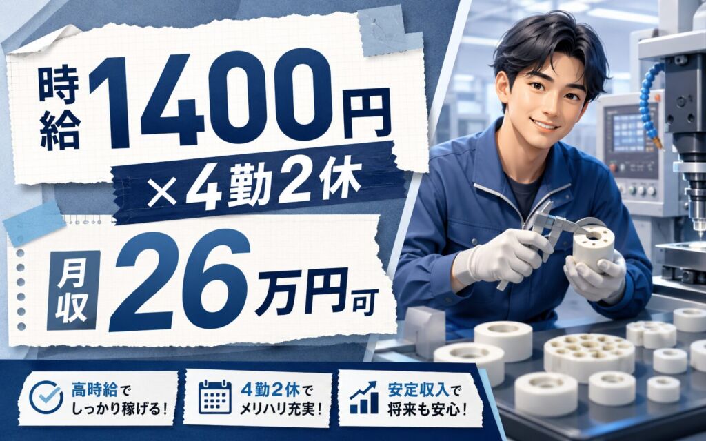 時給1400円×日勤4勤2休！セラミック製品の一般作業／月収26万円可・茨城ひたちなか・男性活躍