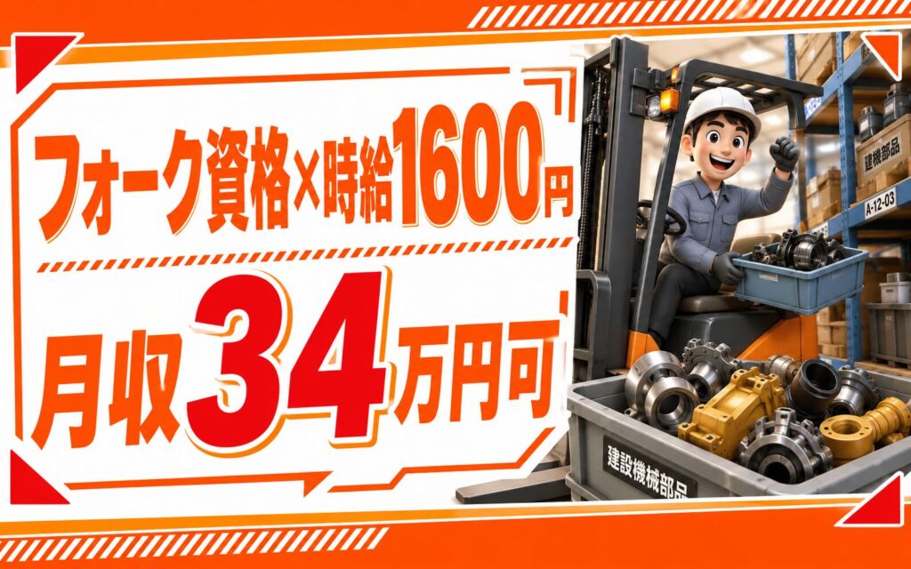 個室寮無料×時給1600円×フォーク資格！建設機械のピッキング／月収34万円可・茨城龍ヶ崎・男女活躍