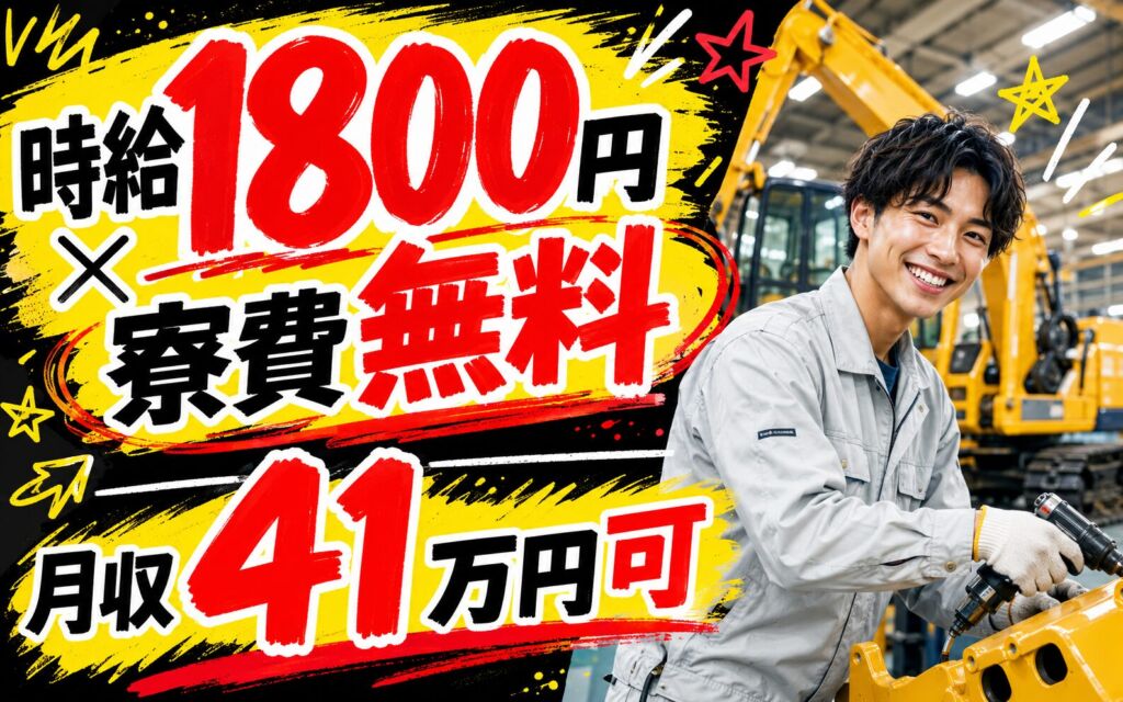 個室寮無料×時給1800円×2交替！建設機械の塗装・組立／月収41万円可・茨城土浦・25名募集・男性活躍