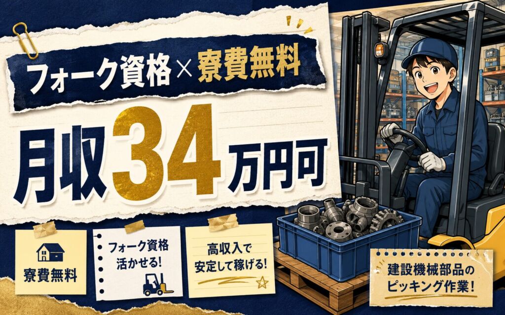 個室寮無料×時給1600円×フォーク資格！建設機械部品のピッキング／月収34万円可・茨城土浦・男性活躍