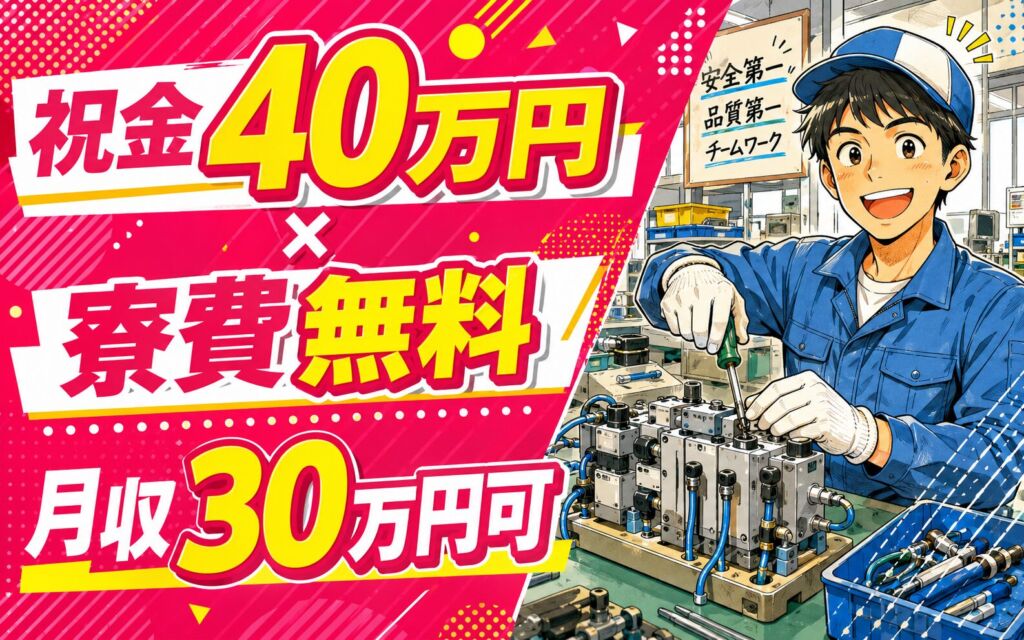 祝金40万円×個室寮無料×時給1700円！空気圧制御機器の組立・検査／月収30万円可・茨城常総・男女活躍