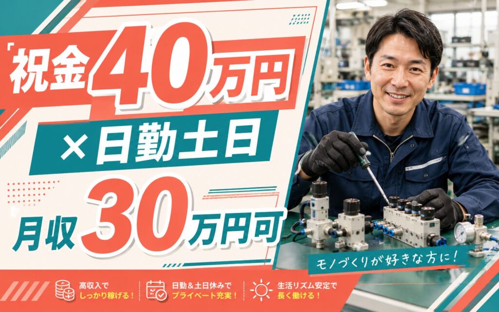 祝金40万円×個室寮無料×時給1700円×日勤土日祝！空気圧制御機器の組立・検査／月収30万円可・茨城常総