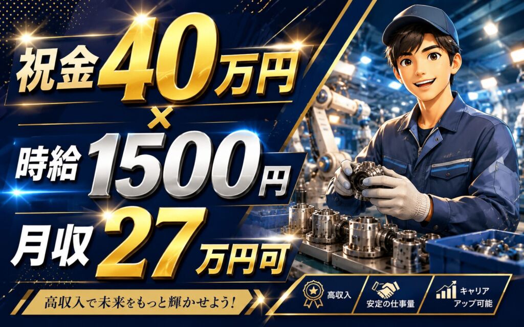 祝金40万円×個室寮無料×時給1500円×2交替！輸送用機器部品の製造／月収27万円可・茨城西部・男性活躍