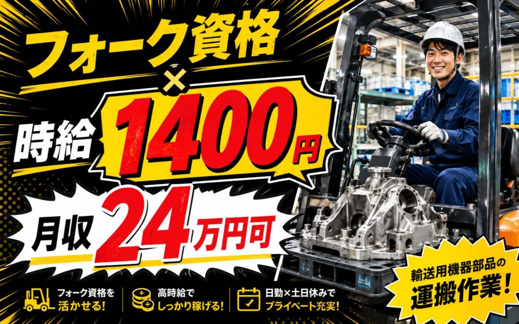 個室寮無料×時給1400円×フォーク資格！輸送用機器部品の製造／月収24万円可・茨城西部・男性活躍