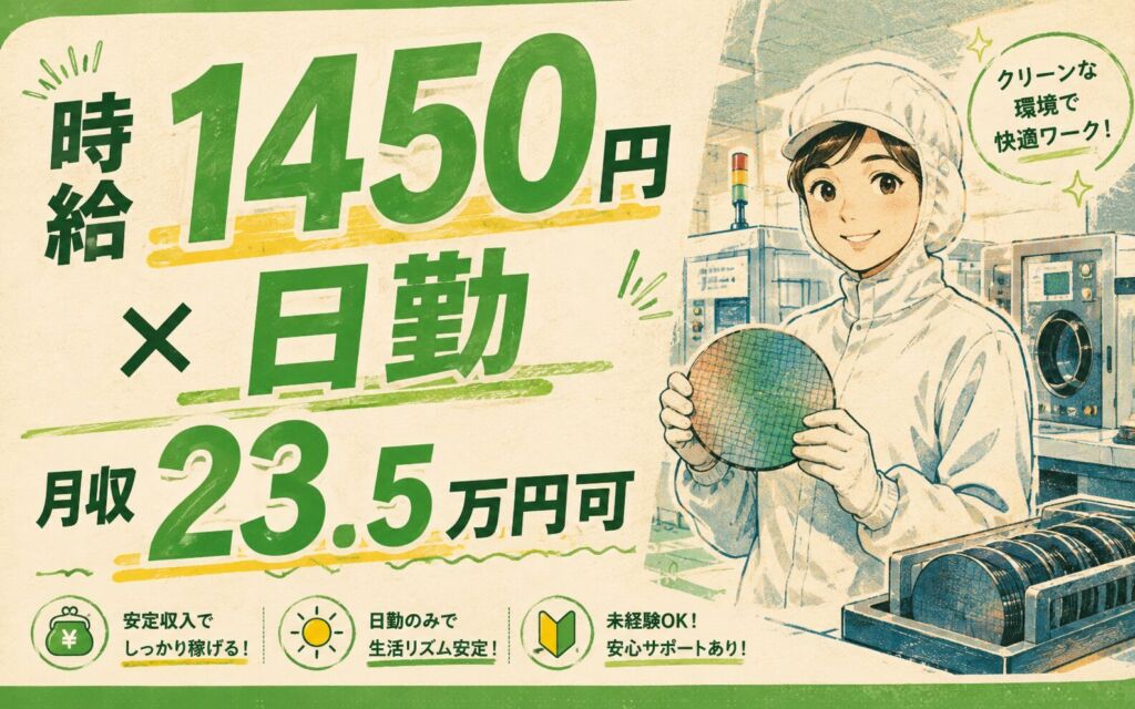 時給1450円×日勤勤務帯選択可！半導体ウエハの製造／月収23.5万円可・茨城那珂・男女活躍