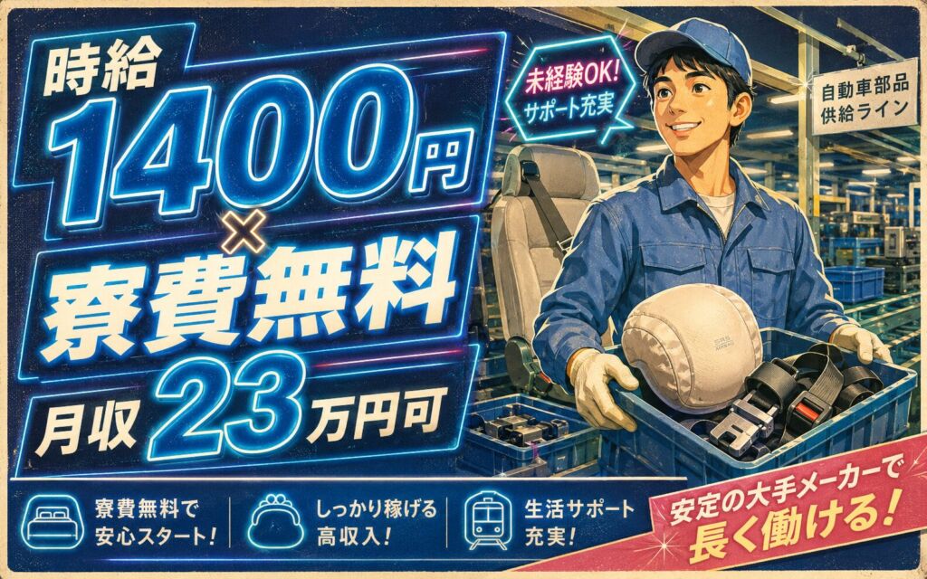 個室寮無料×時給1400円×2交替！エアバッグ・シートベルト部品の供給／月収23万円可・茨城かすみがうら