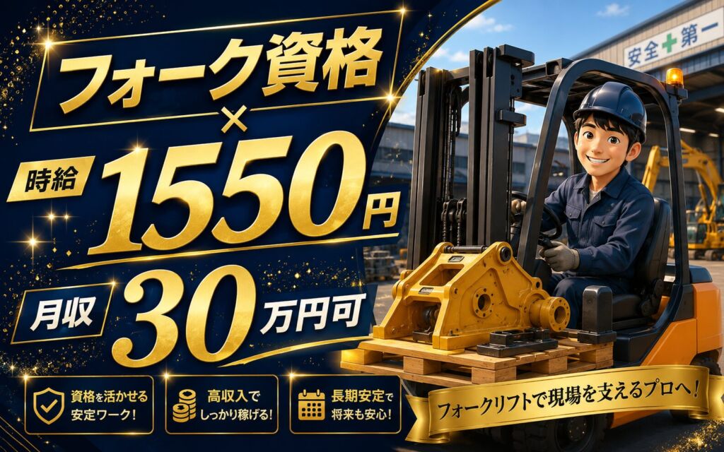 個室寮無料×時給1550円×フォーク資格！建設機械の構内物流／月収30万円可・千葉市・男性活躍